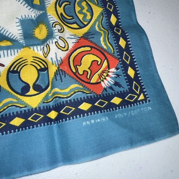 Vintage Native Bandana Southwestern Aztec Teal Square Handkerchief - Picture 3 of 4